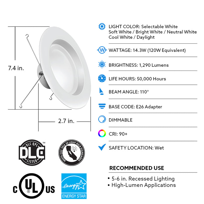 Feit Electric 5-6 Inch 14.3W [120W Equivalent] CCT Selectable 2700K/3000K/3500K/4000K/5000K High Output LED Recessed Downlight 4-Pack (LEDR56HO/6WYCA/4)