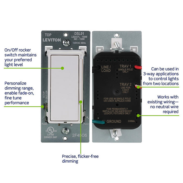Leviton Decora Slide Dimmer Switch For Dimmable LED/CFL And Incandescent Lighting White (DSL01-1LW)