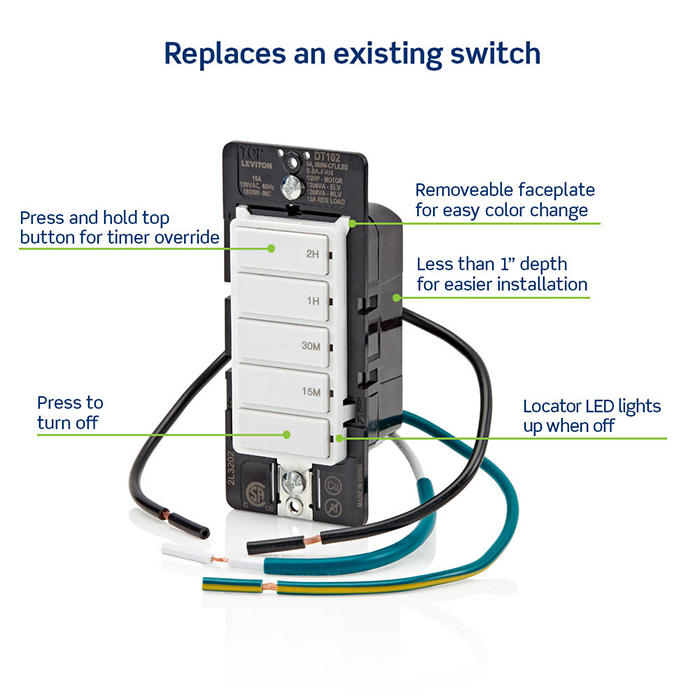 Leviton White 15A Single Pole Decora In-Wall 2-Hour Countdown Timer Switch 5-Button 15/30 Minutes/1/2 Hours (DT102-1LW)