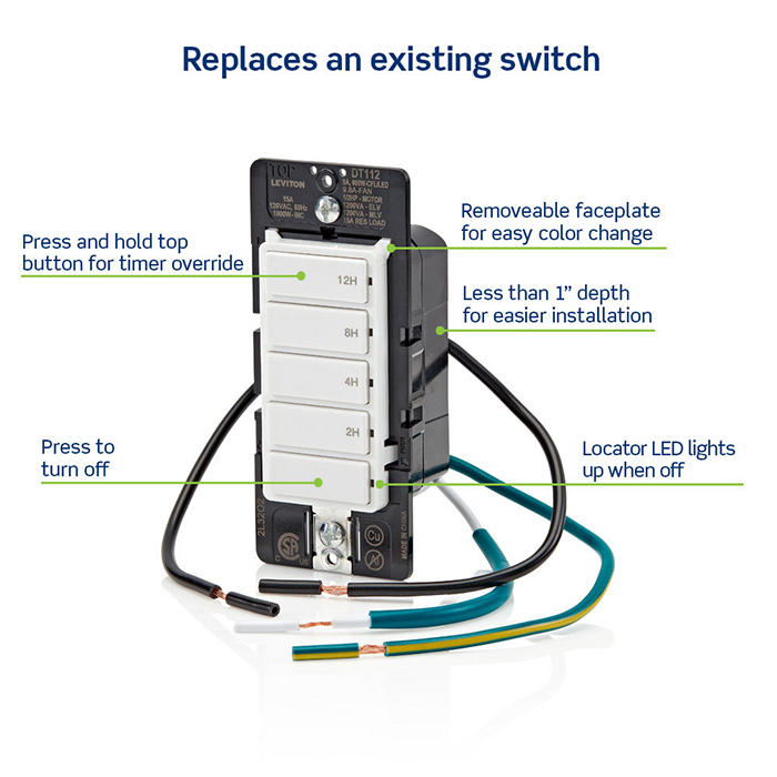 Leviton White 15A Single Pole Decora In-Wall 12-Hour Countdown Timer Switch 5-Button 2/4/8/12 Hours (DT112-1LW)