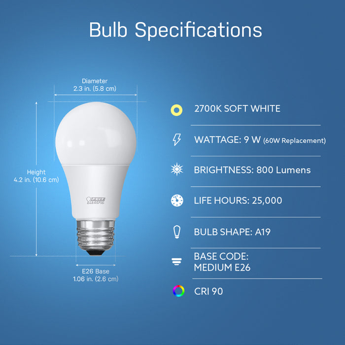 Feit Electric 9W Soft White 2700K E26 Base A19 LED Alexa Google Smart Wi-Fi Bulb (OM60/927CA/AG)