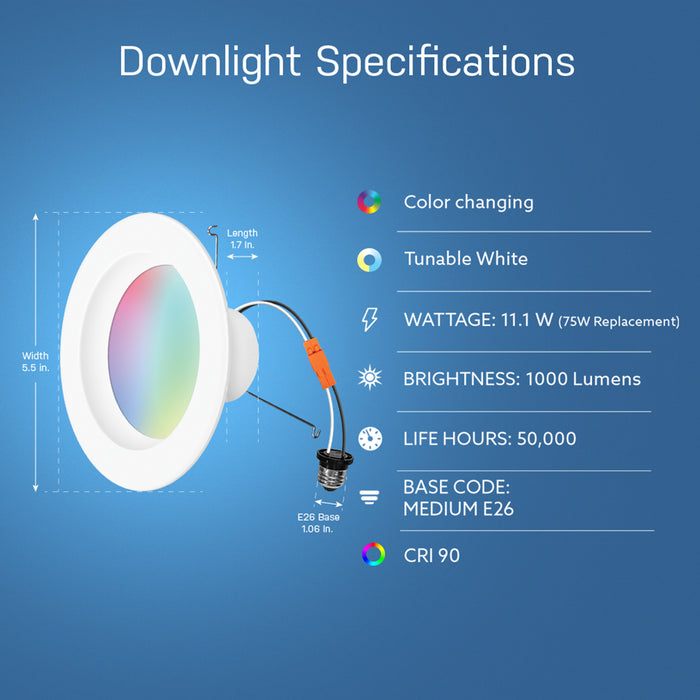 Feit Electric 6 Inch 11.1W [75W Equivalent] Color Changing Smart Alexa Google Wi-Fi Recessed Downlight CCT Selectable 2700K-6500K (LEDR6/RGBW/AG)