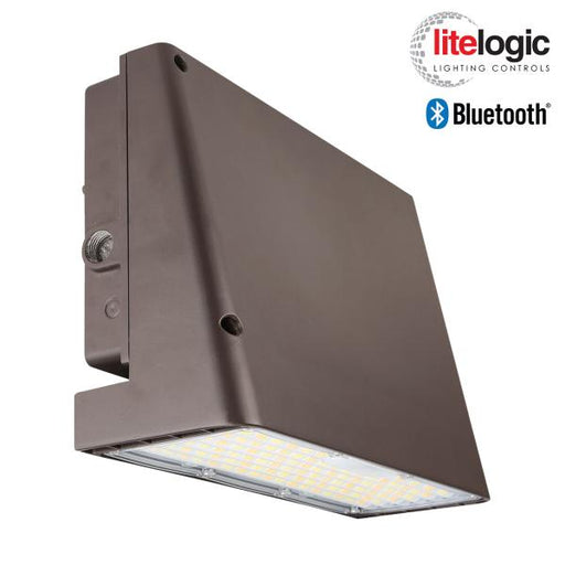 Trace-Lite LED Wall Pack Slim Trapezoid Power/CCT Switchable 23W/34W/49W/65W 3000K/4000K/5000K 120-277VAC 0-10V Dimming Black Bronze Battery Backup Button Photo Control (E110S-65-CP-BR-BB-PC)