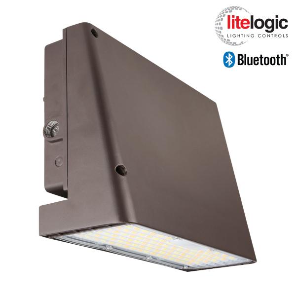 Trace-Lite LED Wall Pack Slim Trapezoid Power/CCT Switchable 23W/34W/49W/65W 3000K/4000K/5000K 120-277VAC 0-10V Dimming Black Bronze Battery Backup Button Photo Control (E110S-65-CP-BR-BB-PC)