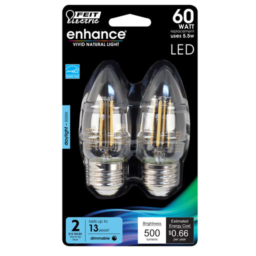 Feit Electric 5.5W 500Lm 5000K Dimmable Blunt Tip LED 2-Pack (BPETC60950CAFIL/2/RP)