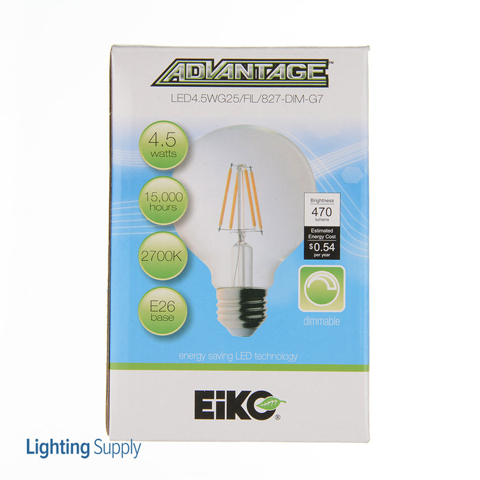 EIKO LED4.5WG25/FIL/827-DIM-G7 LED Advantage Filament G25 320 Degree 4.5W 470Lm Dimmable 80 CRI 2700K E26 120V Clear (09875)