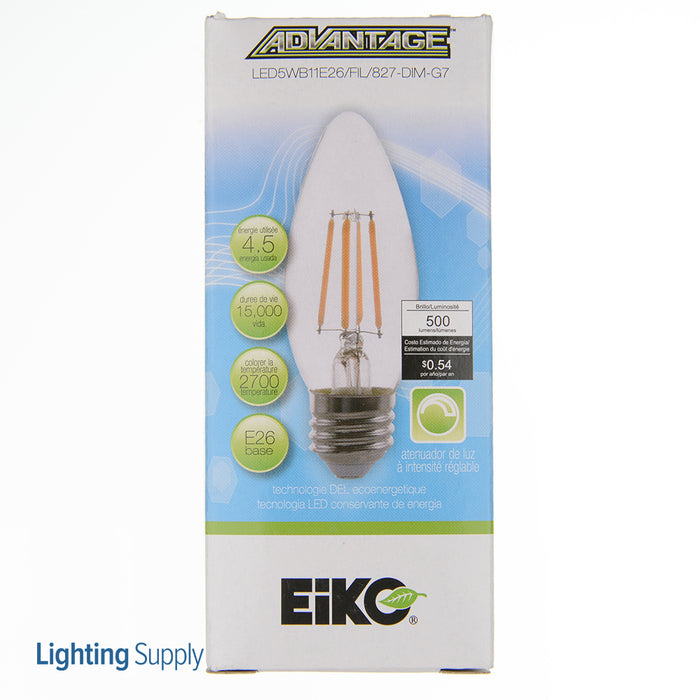 EIKO LED5WB11E26/FIL/827-DIM-G7 LED Advantage Filament B11 320 Degree 5W 500Lm Dimmable 80 CRI 2700K E26 120V Clear (09878)