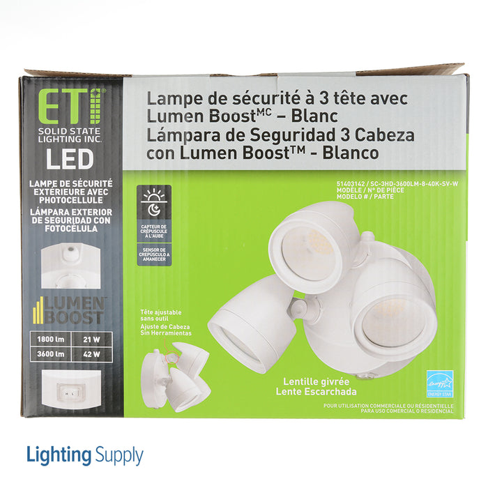 ETI SC-3HD-3600LM-8-40K-SV-W 42W 3-Head Security Light White Finish 3600Lm Replaces 3X 125W PAR Hi-Low Lumen Boost 4000K (51403142)