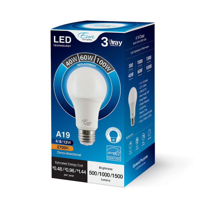 Euri Lighting A19 Omni-Directional LED Light Bulb Non-Dimmable 4W/8W/12W 120V 500Lm/1000Lm/1500Lm 210 Degree Beam 2700K 80 CRI E26 Base (EA19-12W2120et)
