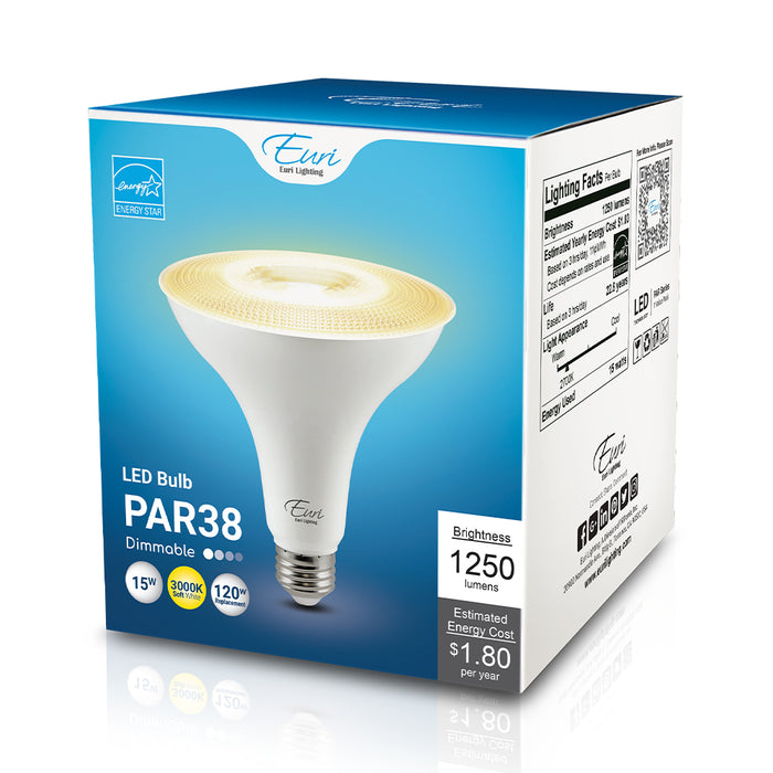 Euri Lighting PAR38 Directional Wide Spot LED Light Bulb Dimmable 15W 120V 1250Lm 40 Degree 3000K 80 CRI 83 Lumens Per Watt (EP38-15W6000e)