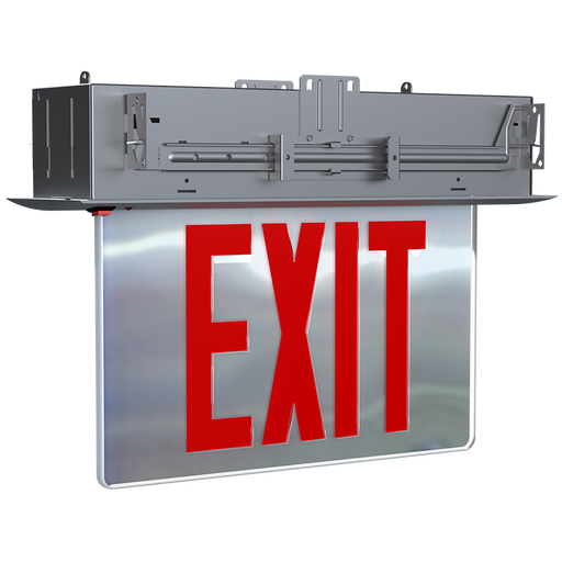 RAB LED Recessed Edge-Lit Exit Sign Double-Face Red Letters Mirror Panel Battery Backup Aluminum Housing (EXITEDGE-RE-MP/E)
