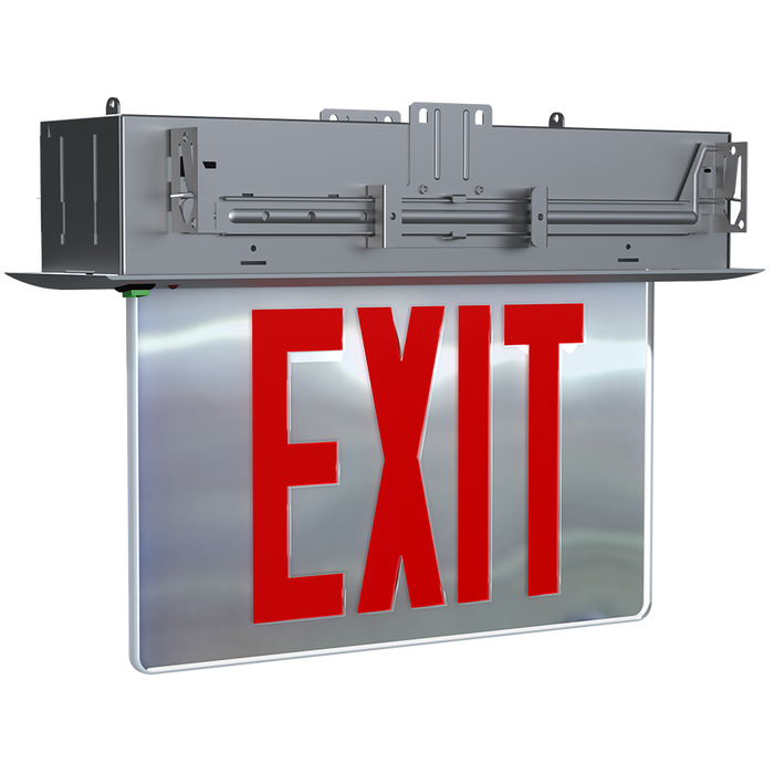 RAB LED Recessed Edge-Lit Exit Sign Single-Face No Arrows Red Letters Mirror Panel New York Aluminum Housing (EXITEDGE-RE-MPNY)