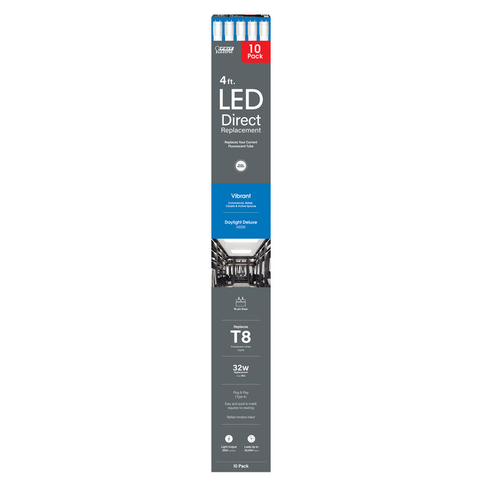 Feit Electric 4 Foot 18W [32W Equivalent] Daylight Deluxe 6500K G13 Base Direct Replacement Type A T8 LED Linear Tube 10-Pack (T848/865/LED/10)