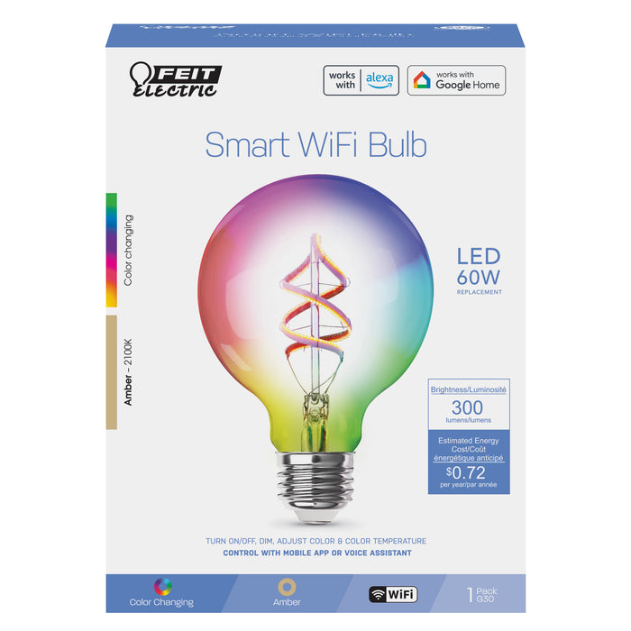 Feit Electric 6W [60W Equivalent] G30 E26 Base Dimmable Color Changing Spiral Filament Vintage Decorative Smart Wi-Fi LED Light Bulb (G3060/RGBW/FIL/AG/RP)