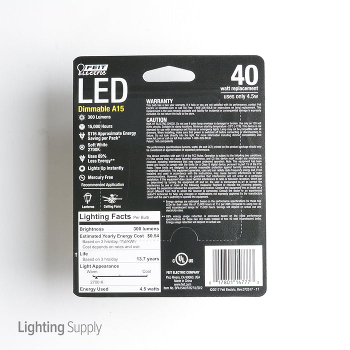 Feit Electric A15 Filament LED 40W Equivalent Dimmable Frost Medium Base 300Lm 2700K Bulb 2-Pack (BPA1540/F/827/LED/2)