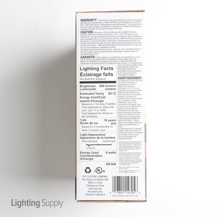 Feit Electric A19 40W Equivalent 2700K Bulb 4-Pack (A450/827/10KLED/4)