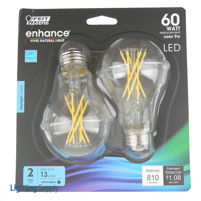 Feit Electric A19 Filament LED 60W Equivalent Dimmable Clear Medium Base 800Lm 5000K Bulb 2-Pack (BPA1960CL950CAFIL2RP)