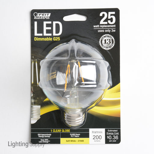 Feit Electric Filament LED 25W Equivalent Dimmable Medium Base Clear Globe G25 200Lm 2700K Bulb (BPG2525/827/LED)