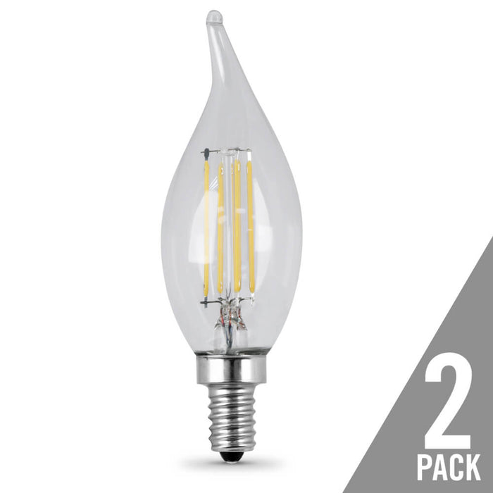 Feit Electric Filament LED 40W Equivalent Dimmable Bent Tip Candelabra Base Clear Decorative Bulb 300Lm 2700K Bulb 2-Pack (BPCFC40/827/LED/2)