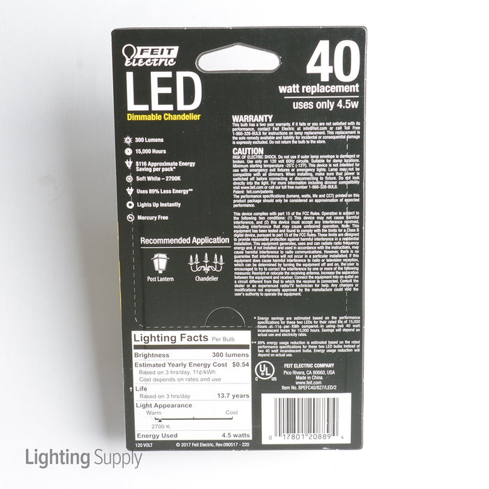 Feit Electric Filament LED 40W Equivalent Dimmable Bent Tip Medium Base Clear Decorative Bulb 300Lm 2700K Bulb 2-Pack (BPEFC40/827/LED/2)