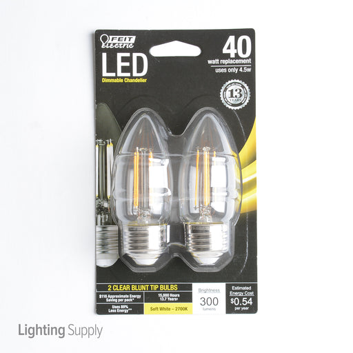 Feit Electric Filament LED 40W Equivalent Dimmable Torpedo Tip Medium Base Clear Decorative Bulb 300Lm 2700K Bulb 2-Pack (BPETC40/827/LED/2)