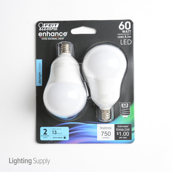 Feit Electric LED A15 60W Equivalent 800Lm Filament White Glass Candelabra 5000K 2-Pack CEC Compliant Bulb (BPA1560C/950CA/2)