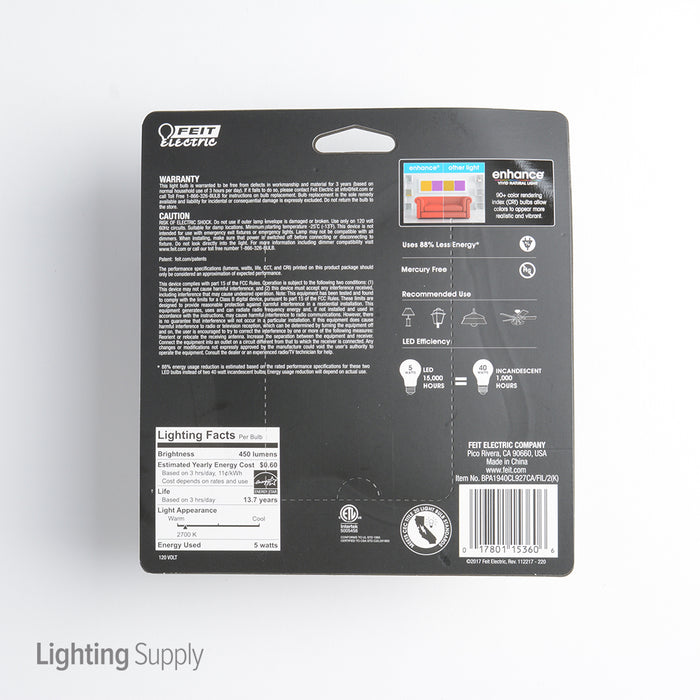 Feit Electric LED A19 40W Equivalent 450Lm Filament Clear Glass Medium Base 2700K 2-Pack CEC Compliant Bulb (BPA1940CL927CA/FIL/2)