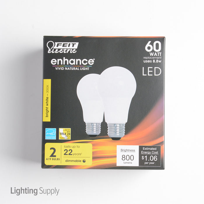Feit Electric LED A19 60W Equivalent 800Lm Dimmable 3000K 2-Pack (OM60DM/930CA/2)