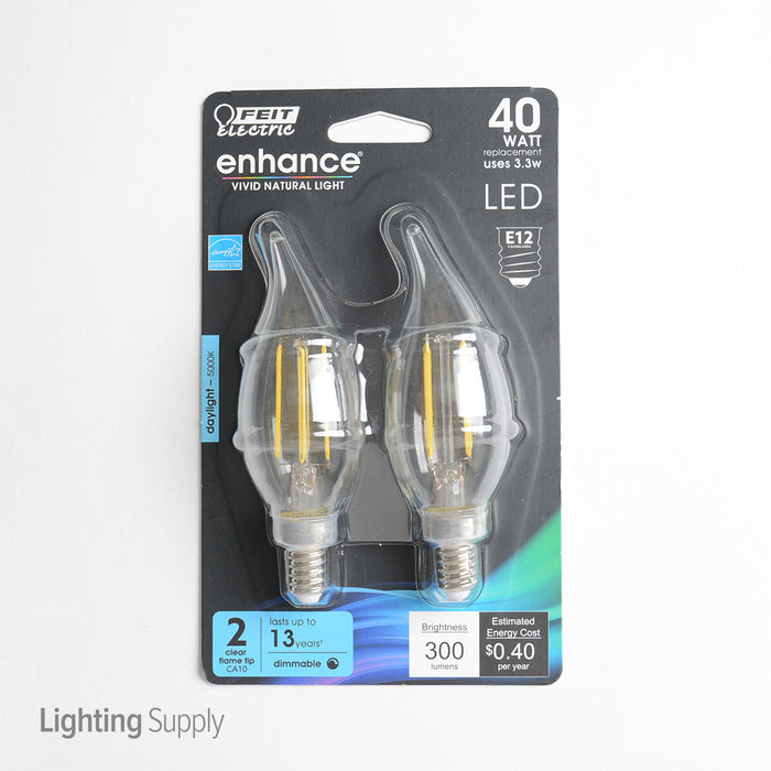 Feit Electric LED B10 40W Equivalent 300Lm Filament Clear Glass Dimmable Candelabra 5000K 2-Pack CEC Compliant Bulb (BPCFC40/950CA/FIL/2)
