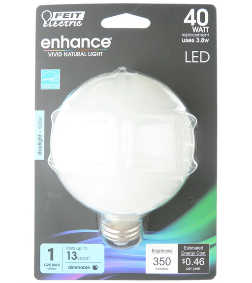Feit Electric LED Globe G25 40W Equivalent 350Lm Filament White Glass Medium 5000K CEC Compliant Bulb (BPG2540W/950CAFIL/RP)