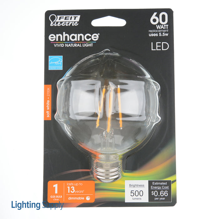 Feit Electric LED Globe G25 60W Equivalent 500Lm Filament Clear Glass Medium 2700K CEC Compliant Bulb (BPG2560/927CA/FIL/RP)