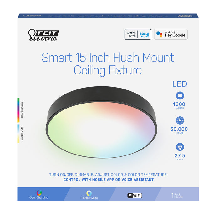 Feit Electric 15 Inch Round Smart Flush Mount Ceiling Light Fixture Black (FM15/RGBW/DIM/AG)