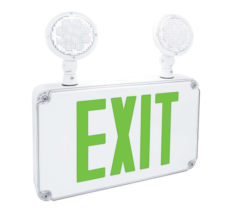 Fulham Firehorse Exit And Emergency Light Combination Slim Wet Location Exit Emergency Combination Green Letters (FHEC34G)