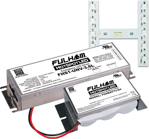 Fulham Hot Spot 1 Emergency Lighting Retrofit 6W 750Lm 125 Minute (FHS1-UNV-3.6L) And Small H-D Array (FHS3AR6WSH) And FHSBATT3-D4 Battery Pack And UL Label (FHSKITT06SHD)