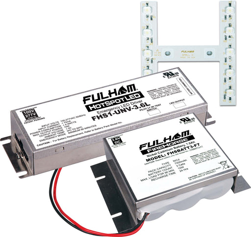 Fulham Hot Spot 1 Emergency Lighting Retrofit 6W 750Lm 235 Minute (FHS1-UNV-3.6L) And Small H-D Array (FHS3AR6WSH) And FHSBATT3-F7 Battery Pack And UL Label (FHSKITT06SHF)