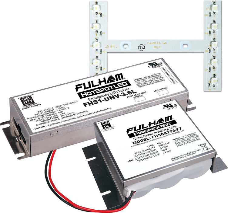 Fulham Hot Spot 1 Emergency Lighting Retrofit 8W 1000Lm 175 Minute (FHS1-UNV-3.6L) And Large H-D Array (FHS4AR8WLH) And FHSBATT3-F7 Battery Pack And UL Label (FHSKITT08LHF)