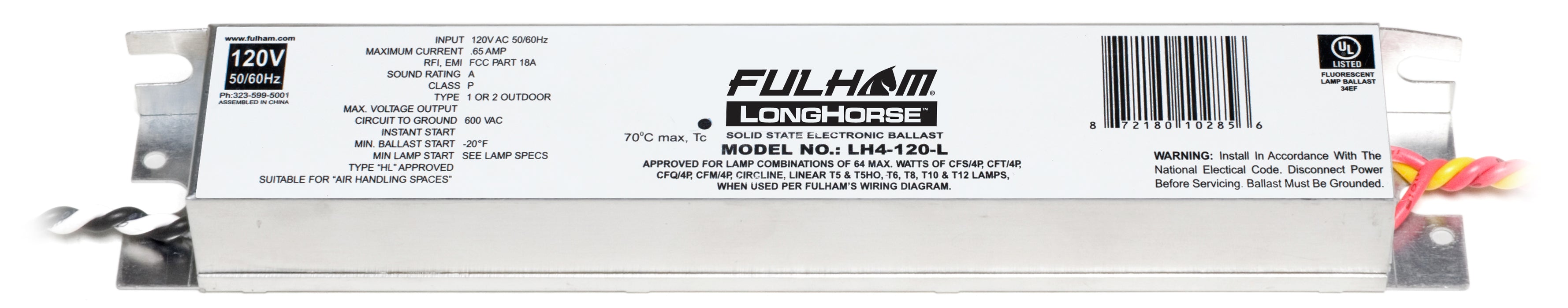 Fulham Instant Start Electronic Fluorescent Remote Mount Longhorse Ballast For Up To 70W Maximum Run At 120V (LH4-120-L)