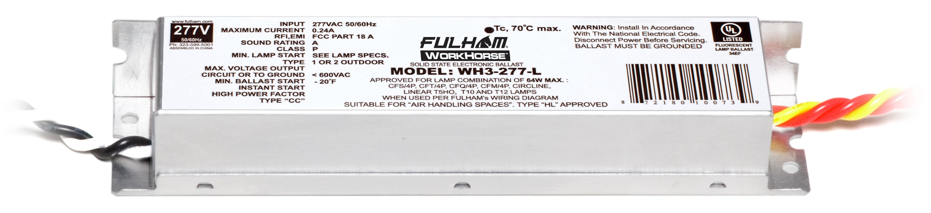 Fulham Instant Start Electronic Fluorescent Workhorse Ballast For (1-3) 64W Maximum Lamps Run At 277V (WH3-277-L)