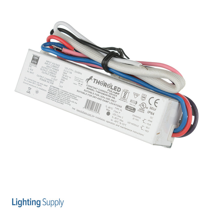 Fulham ThoroLED 0-10V Dimming LED Driver Universal Voltage Input 700mA Constant Current 30W Maximum 21-42VDC Long Case With Side Leads IP64 (T1M1UNV0700-30L)