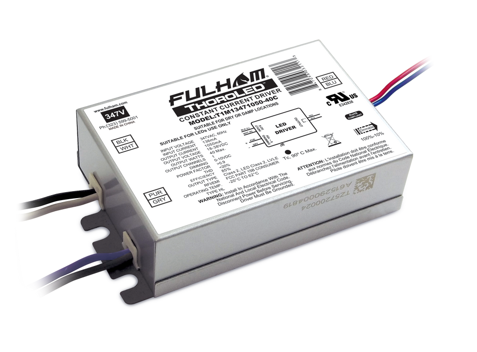 Fulham ThoroLED 0-10V Dimming LED Driver 347V Input 1 050mA Constant Current 40W Maximum Compact Case With Side Leads IP64 (T1M13471050-40C)