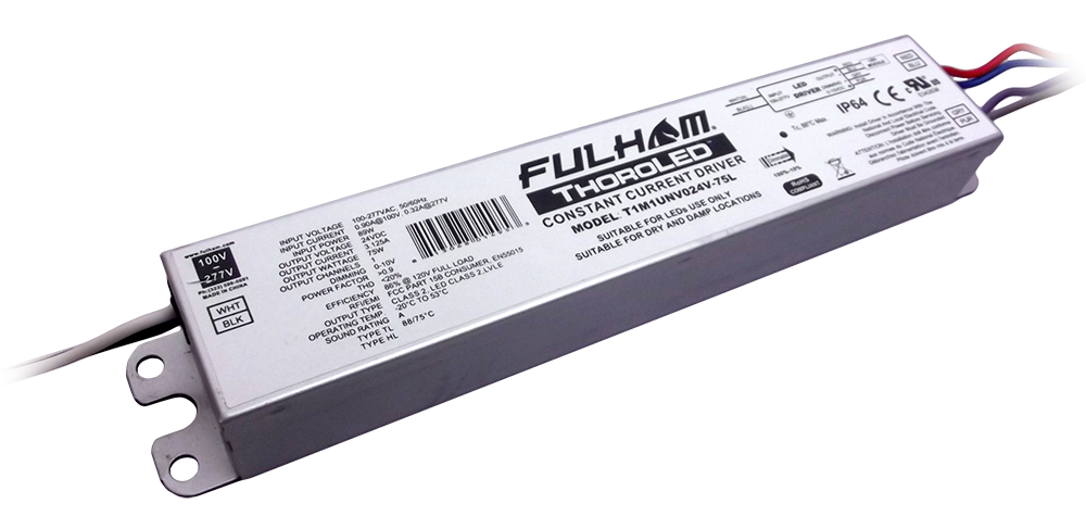 Fulham ThoroLED Single Channel 0-10V Dimming LED Driver Universal Voltage Input 24VDC Constant Voltage Output 75W Maximum IP64 (T1M1UNV024V-75L)