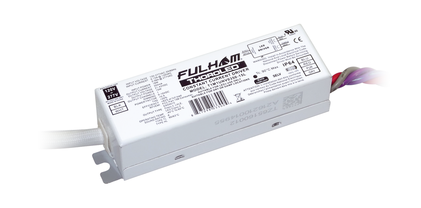 Fulham ThoroLED 0-10V Dimming LED Driver Universal Voltage Input 350mA Constant Current 15W Maximum 21-42VDC Long Case With Side Leads IP64 (T1M1UNV0350-15L)