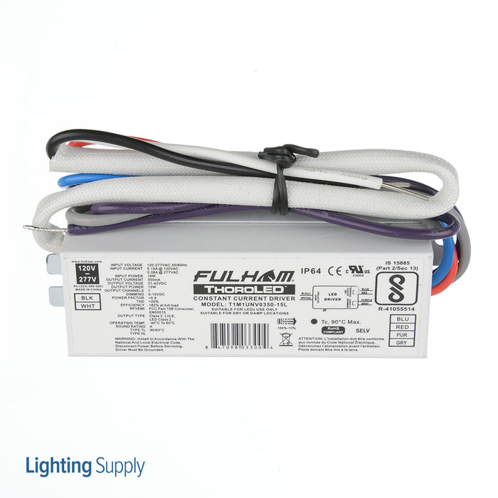 Fulham ThoroLED 0-10V Dimming LED Driver Universal Voltage Input 350mA Constant Current 15W Maximum 21-42VDC Long Case With Side Leads IP64 (T1M1UNV0350-15L)