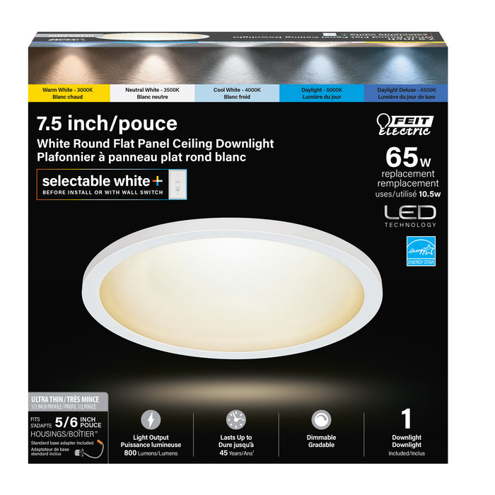 Feit Electric 7.5 Inch 10.5W [65W Equivalent] CCT Selectable 3000K/3500K/4000K/5000K/6500K White Round Flat Panel Ceiling Downlight (74206/6WYCA)