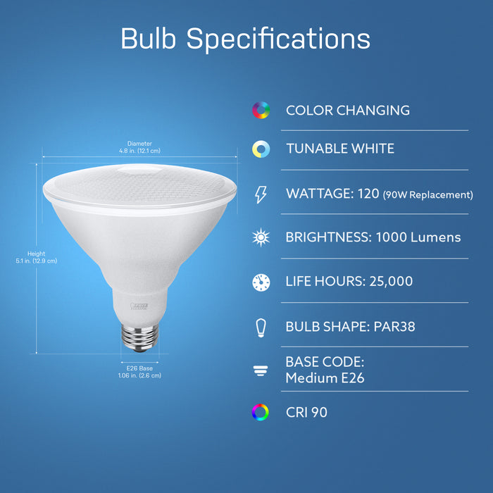 Feit Electric 11.1W [90W Equivalent] Color Changing E26 Base PAR38 Dimmable Alexa Google Smart LED Light Bulb (PAR38/RGBW/CA/AG/RP)