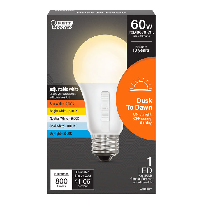 Feit Electric 8.8W [60W Equivalent] Adjustable White CCT Selectable 2700K/3000K/3500K/4000K/5000K Dusk To Dawn Outdoor LED Bulb (OM60/5CCTCA/DD/LEDI)