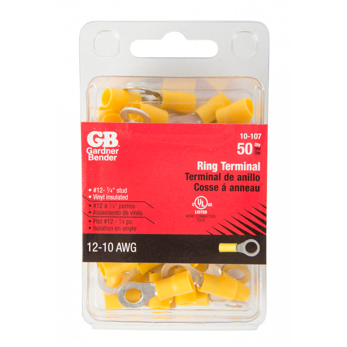 Gardner Bender Ring Terminal 12-10 AWG Stud Size 12-1/4 Yellow Package Of 50 (10-107)