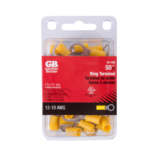 Gardner Bender Ring Terminal 12-10 AWG Stud Size 1/4-3/8 Yellow Package Of 50 (10-108)