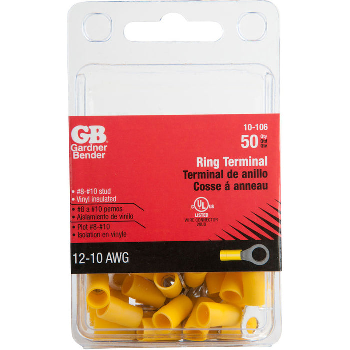 Gardner Bender Ring Terminal 12-10 AWG Stud Size 8-10 Yellow Package Of 50 (10-106)