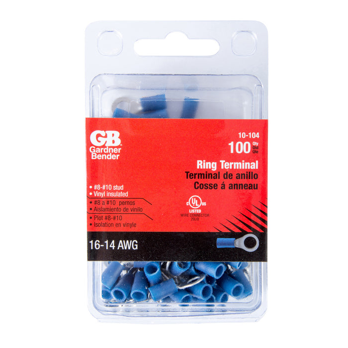 Gardner Bender Ring Terminal 16-14 AWG Stud Size 8-10 Blue Package Of 100 (10-104)